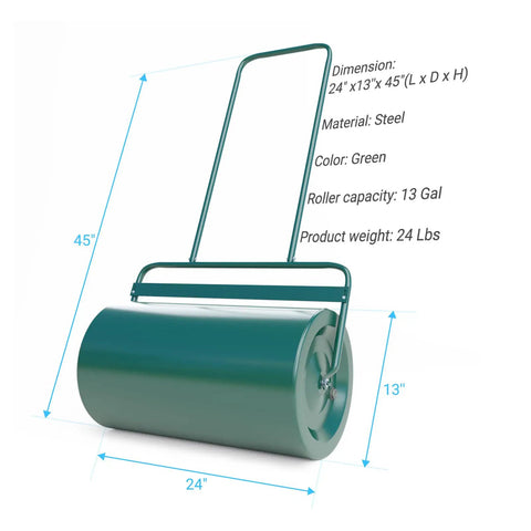 Heavy Duty Push Or Tow Behind Garden Roller Water Or Sand Filled Drum Roller For Lawn Yard Park And Ball Field 13x24 Inch Steel Frame Turf Stabilizer No Power Quiet Green Finish, side view with dimensions shown.