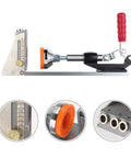 All Metal Pocket Hole Jig Kit for DIY Woodworking, Upgraded Dowel Screw Jig Set with red handle and measurement details
