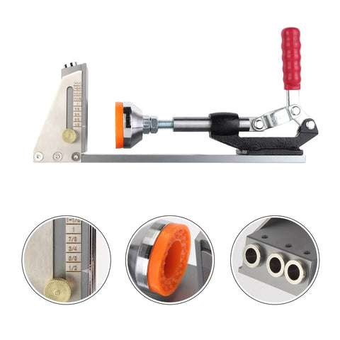 All Metal Pocket Hole Jig Kit for DIY Woodworking, Upgraded Dowel Screw Jig Set with red handle and measurement details