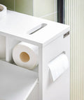 Slim Toilet Storage Cart With Wheels For Narrow Spaces 3 Tier Organizer For Toilet Paper Rolls Brushes Towels And Bathroom Essentials White Finish With Discreet Side Cabinet And Open Shelves Easy Glide Mobility BZR31-W showing open shelves with toilet paper