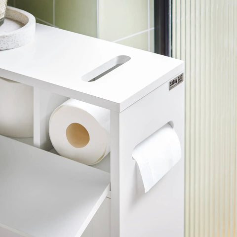 Slim Toilet Storage Cart With Wheels For Narrow Spaces 3 Tier Organizer For Toilet Paper Rolls Brushes Towels And Bathroom Essentials White Finish With Discreet Side Cabinet And Open Shelves Easy Glide Mobility BZR31-W showing open shelves with toilet paper