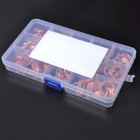 Ultimate 280-Piece Solid Copper Sump Plug Washer Set Kit With Complete Metric Pack Oil Drain Seals For Auto And Marine Engines To Stop Drip Leaks Like A Boss During Quick Maintenance And Major Repairs. Clear plastic organizer with copper washer assortment