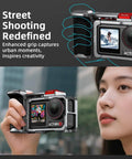Grip Kit For DJI Action 5 Pro 4 3 With Cage held by user showcasing camera screen and ergonomic handle.