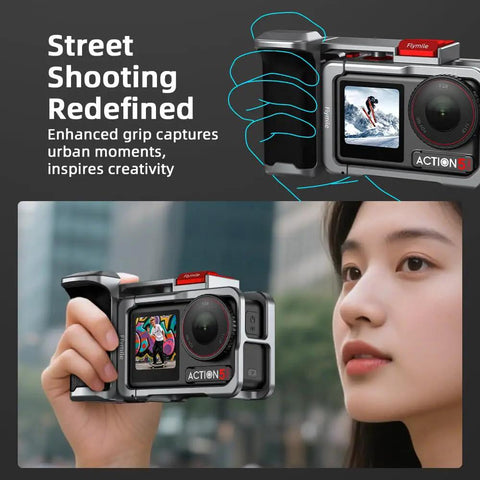 Grip Kit For DJI Action 5 Pro 4 3 With Cage held by user showcasing camera screen and ergonomic handle.