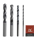 Beast Workhorse Heavy Duty Carbide Drill Bit Set For Hardened Steel And Stainless Steel With 135 Degree Point CNC Tungsten Solid Carbide Twist Drill Bits Sizes One Sixteenth One Eighth Three Sixteenths One Quarter Inch Four Piece Set displayed with packaging