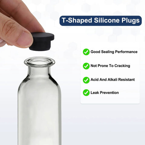 Hand holding black plug from 11 Piece T Shaped Silicone Plugs Set For 12.5-13mm Holes by bottle with sealing features text.