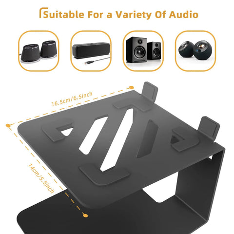 Black Desktop Speaker Stands With Vibration Absorption Pads For Studio Monitors Heavy Duty Metal Bookshelf Riser 30lb Capacity 7 Degree Tilt