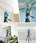 Lightweight Laser Level Tripod With 3 Way Rotating Head 360 Degree Horizontal 180 Degree Vertical 90 Degree Tilt 58.27 Inch Adjustable Height Dual Bubble Levels Pro Grade One Quarter Inch Threaded Interface in use on construction sites and interiors.