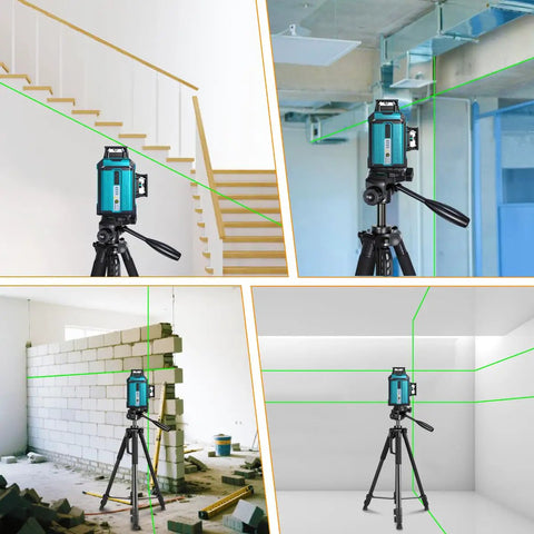 Lightweight Laser Level Tripod With 3 Way Rotating Head 360 Degree Horizontal 180 Degree Vertical 90 Degree Tilt 58.27 Inch Adjustable Height Dual Bubble Levels Pro Grade One Quarter Inch Threaded Interface in use on construction sites and interiors.