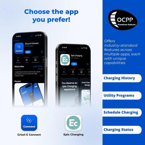 Slick And Hella Tough Portable Electric Vehicle Charger Up To 40 Amp Level 1-2 Fast Charging Station Nema 14-50 Plug 25 Foot Cable Ul Certified Indoor Outdoor Gadget For Weekend Rides app options on mobile screens showing Grizzl-E Connect and Epic Charging.