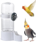 Automatic Bird Water Feeder With Secure Anti Tip Bowl For Small Cages showing a clear dispenser and small birds nearby.