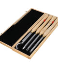 Premium 4 Piece Lathe Turning Tool Set For Woodworking Crafters Made From Heavy Duty Hard Alloy Steel in wooden box.