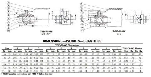 Dimensional diagram of Two-Piece Bronze Ball Valve, Conventional Port, 1-1/4 Inch, Three-Way Threaded Valve Designed For Mixing And Process Use.