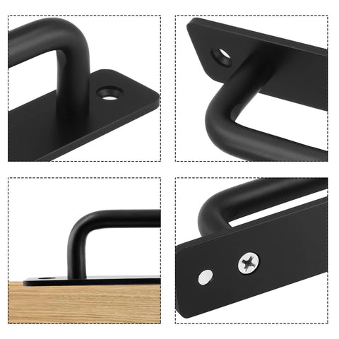 Close-up of 2 Pack Barn Door Pulls 5 Inch Long Base Handles with mounting screws, black aluminum alloy, 128mm hole center, 148mm length.