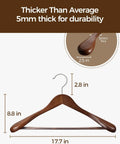 Premium Vintage Wood Hangers 12-Pack With Wide Shoulders And Non-Slip Grips For Coats Jackets And Suits 360 Degree Rotating Closet Organizer Durable Space Saving Design For A Clean Pro Grade Wardrobe; close-up of hanger dimensions, 5mm thick for durability.