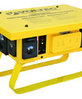 Real Deal 50 Amp Power Distribution Box With Locking Plugs 125 250 Volt 3 GFCI Breakers yellow outdoor electrical panel.
