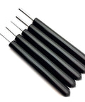 Slotted Paper Bead Roller Quilling Tools Set with five size tips, black comfort grip wooden handles, stainless steel slotted tips