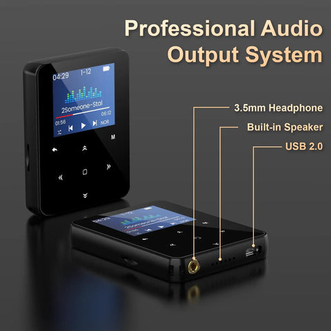 64GB Bluetooth 5.3 MP3 Player With Hi Fi Lossless Sound, Pocket Size For Running And Workouts, Built In Speaker, showing ports and screen display.