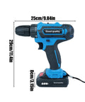 The 21V Cordless Power Drill Kit Is A Solid Heavy Lifter Featuring Brushless Motor 2 Speed Settings For Hassle Free Metal And Concrete Jobs Powered By A Rechargeable Battery That Handles Everything, side view with measurements.