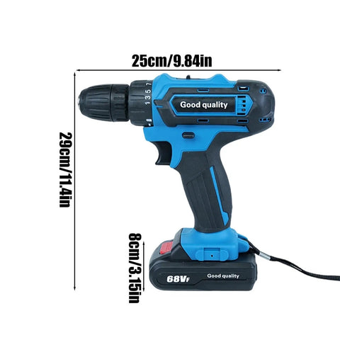The 21V Cordless Power Drill Kit Is A Solid Heavy Lifter Featuring Brushless Motor 2 Speed Settings For Hassle Free Metal And Concrete Jobs Powered By A Rechargeable Battery That Handles Everything, side view with measurements.