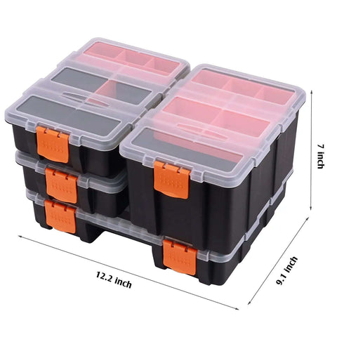 Stacked Four Piece Hardware And Parts Organizer Set with tough compartments, transparent lids, and orange latches for tool storage.