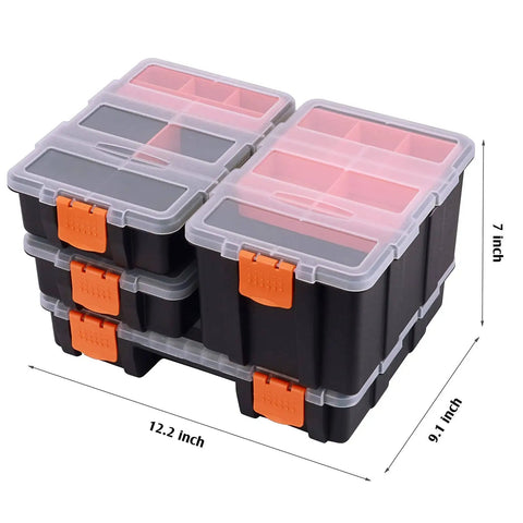 Four Piece Toolbox Storage Set With Customizable Removable Dividers Heavy Duty Durable Plastic Organizers for Tools and Parts stack
