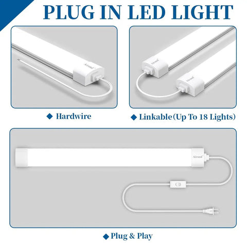 Diagram of a 2Ft LED Shop Light With Plug, Linkable 5000K Tube Light, featuring plug connections and switch.