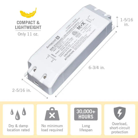 12 Volt LED Power Supply With 60 Inch Prewired Cord For Plug In Or Direct Wiring, showing dimensions and safety features