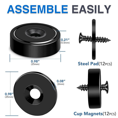 MIKEDE 12-pack cup magnets; front, side, bottom views; black neodymium, 0.98 in diameter, 0.21 in thick, countersunk holes