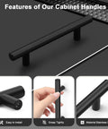 30 Pack Matte Black T Bar Cabinet Pulls, 6 Inch Length With 3-3/4 Inch Hole Centers, shown with features like easy installation.