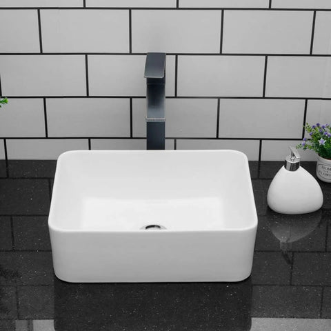 Rectangular White Vessel Sink 16 By 12 Inch Modern Above Counter Porcelain Ceramic Vanity Basin For Home Bathroom Remodel Easy To Clean Non Porous Glaze Durable Sleek Contemporary Countertop Sink
