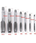 No Sweat Seven Piece Metric Thread Tap Set Featuring Straight Flute Design M3 Through M12 Sizes with clear markings.