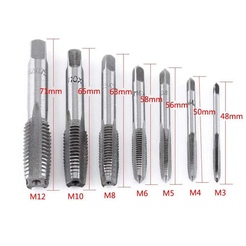 No Sweat Seven Piece Metric Thread Tap Set Featuring Straight Flute Design M3 Through M12 Sizes with clear markings.