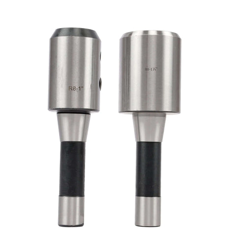 Front view of two R8 end mill holders; sizes 1 in and 1-1/4 in, metal bodies with black shanks.