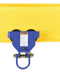 Heavy-Duty Steel Quick Install Manual Trolley, 1000 Lb Capacity, 6.75 In Headroom, 11.75 In Span, blue, mounted on yellow beam
