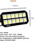 Built Damn Tough Heavy Duty LED Flood Light With Rock Solid Aluminum Body And Ultra Bright 6000K Cool White Glow Pumps Out Massive 600W Power And A Sweeping 140 Degree Spread For Serious Yard Work Or Job Sites, showing 600W flood light dimensions.