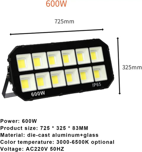 Built Damn Tough Heavy Duty LED Flood Light With Rock Solid Aluminum Body And Ultra Bright 6000K Cool White Glow Pumps Out Massive 600W Power And A Sweeping 140 Degree Spread For Serious Yard Work Or Job Sites, showing 600W flood light dimensions.