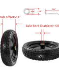 13 Inch Go-To Wheel And Tire Replacement Set For Hand Trucks Garden Carts Wheelbarrows And Dollies Solid Flat Free 4.00-6 Tires With 5/8 Inch Axle Bore And 2.1 Inch Hub Offset Pack Of 2 shown with measurements