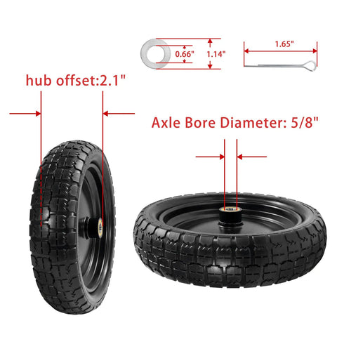 13 Inch Go-To Wheel And Tire Replacement Set For Hand Trucks Garden Carts Wheelbarrows And Dollies Solid Flat Free 4.00-6 Tires With 5/8 Inch Axle Bore And 2.1 Inch Hub Offset Pack Of 2 shown with measurements