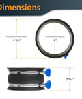 Dimensions of Power Inc 4 Inch Integrated Blast Gate With Dust Control Flex Cuff Anti Gap Tapered ABS Plastic Fitting, showing sizes.