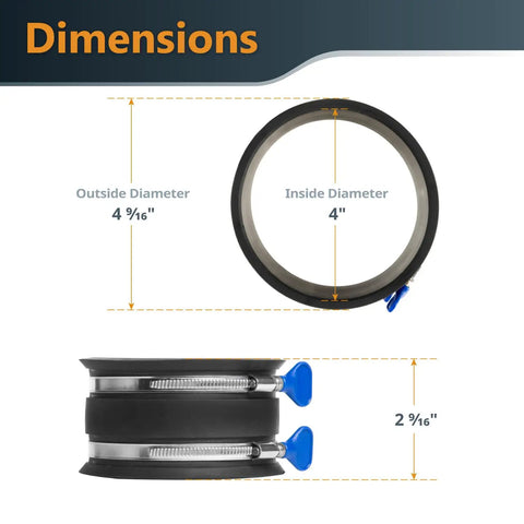 Dimensions of Power Inc 4 Inch Integrated Blast Gate With Dust Control Flex Cuff Anti Gap Tapered ABS Plastic Fitting, showing sizes.