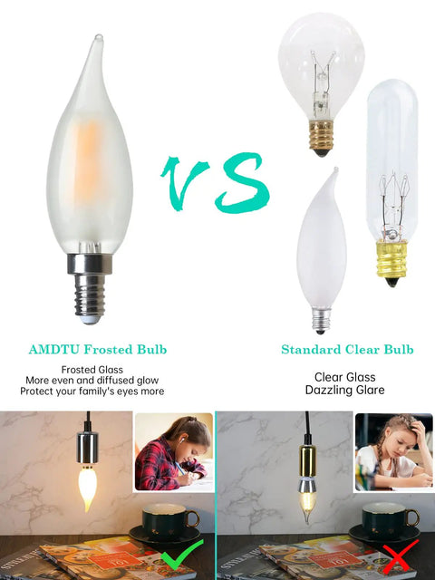Comparison between AMDTU Frosted LED Candelabra Bulb E12 Small Base 60 Watt Equivalent 2700K Soft White and standard clear bulbs