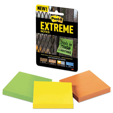 Extreme Weather Sticky Notes 3x3 Inch 45 Sheets Per Pad 3 Pads Pack Water Resistant Indoor Outdoor Removable Sticks In Heat Or Cold 100x Holding Power Yellow Green Orange Grippy For Outdoors in packaging