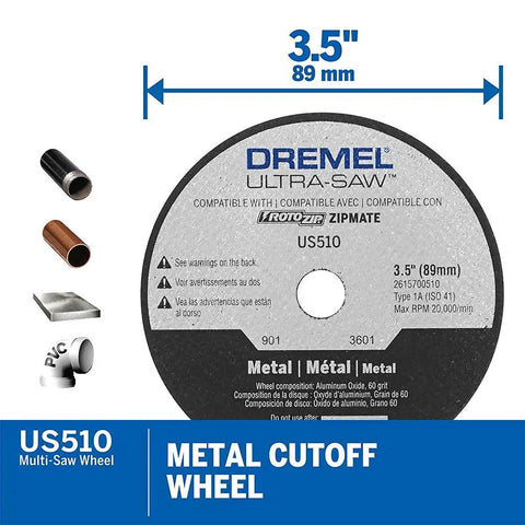 Dremel Ultra-Saw US510 metal cutoff wheel, 3.5 inch size, for cutting wood and metal with Super Duper Versatile 20Volt Max Cordless Compact Multi Saw Tool Kit.