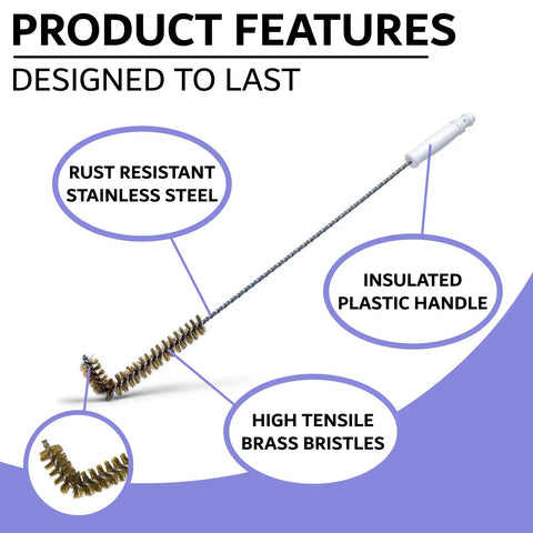 Deep Fryer Cleaning Brush L Shaped High Temp Commercial Kitchen Tool With Heavy Duty Brass Bristles Heat Resistant Up To 750F For Grease And Food Debris Deep Fryer Cleaner Made In USA, showing rust-resistant steel and insulated handle
