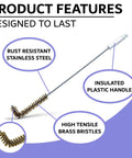 Close view of 4 Pack L Shaped Deep Fryer Cleaning Brush Set With Beefy Brass Bristles, features highlighted with labels in image.