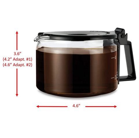 Universal Glass Coffee Carafe Replacement 4 To 5 Cup Capacity BPA Free Dishwasher Safe Borosilicate Glass with adapters shown.