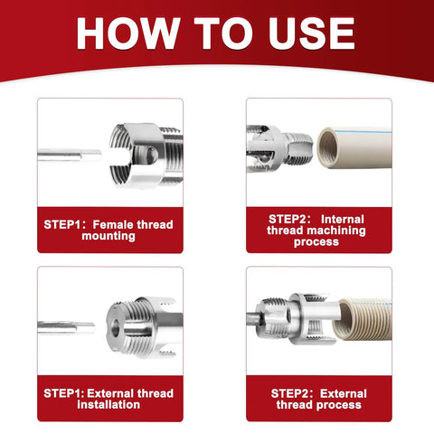 Instructional image showing how to use Adastone High Carbon Steel Pipe Threader Kit with steps for thread mounting and machining.