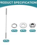 uxcell double-ended M3x80mm stainless steel studs; side view shows 10 studs and 20 nuts, 20 flat washers, 20 lock washers