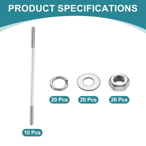 uxcell double-ended M3x80mm stainless steel studs; side view shows 10 studs and 20 nuts, 20 flat washers, 20 lock washers